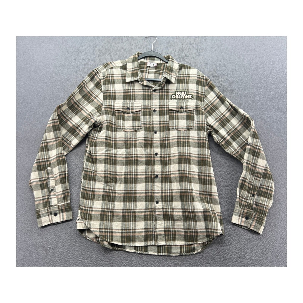 Techstyles Shirt Mens Sz M New Orleans Plaid Flannel Olive Green Cotton Button